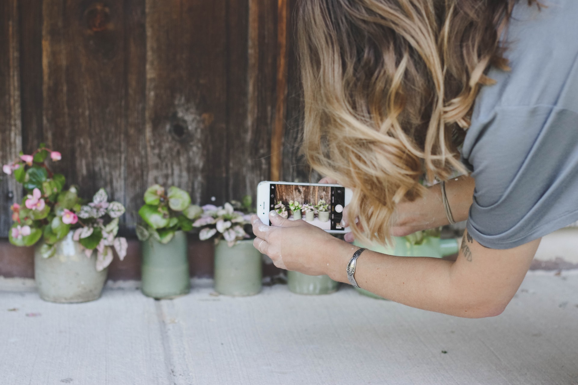 A woman taking a picture of her indoor plants with her phone to send to a plant care app.